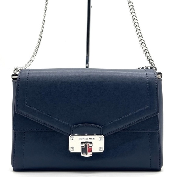 Michael Kors Handbags - Michael Kors Kinsley leather Medium shoulder Flap Crossbody Bag Navy Blue